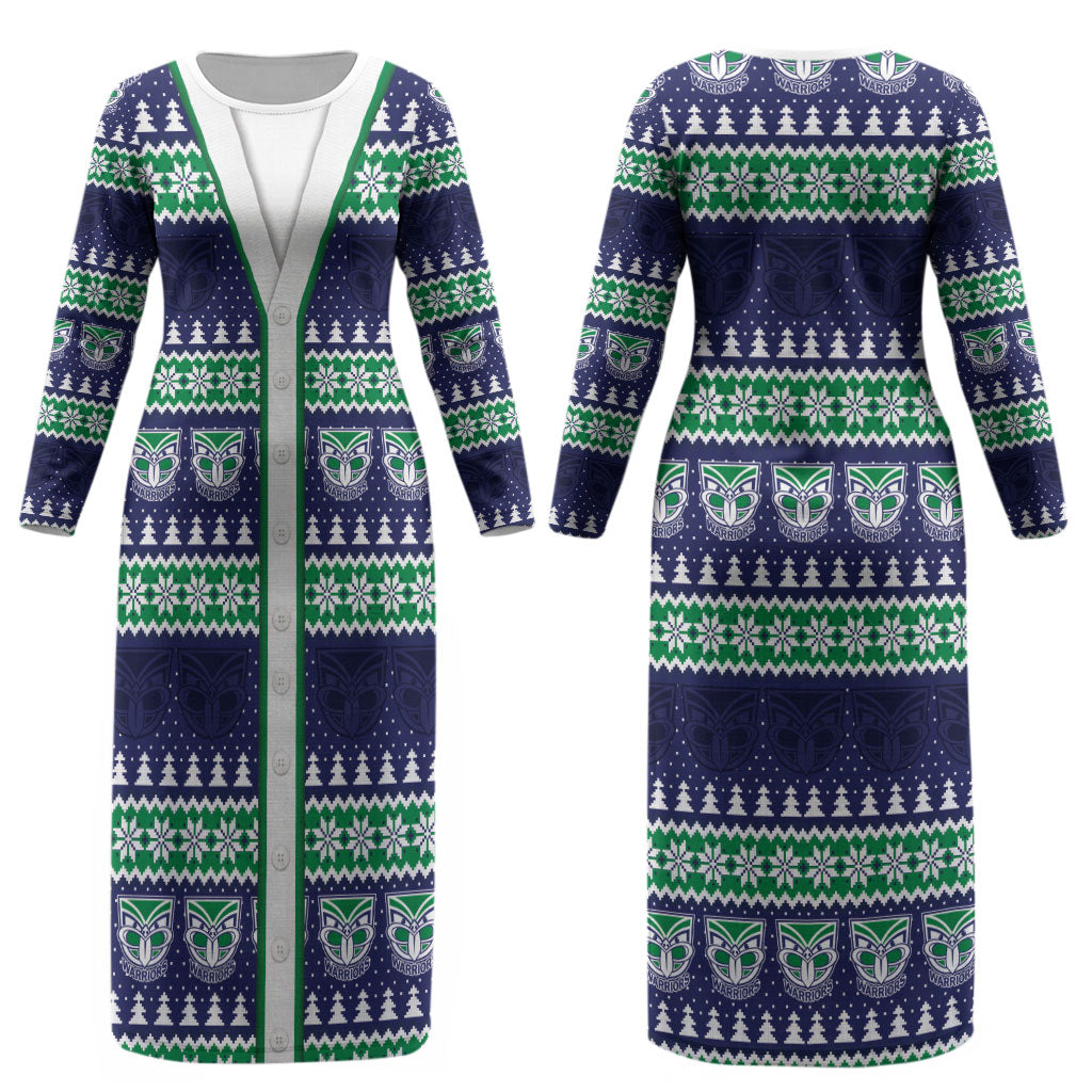 New Zealand Warriors Rugby Christmas Couples Matching Long Sleeve Bodycon Dress and Hawaiian Shirt Seamless Cardigan Inspired