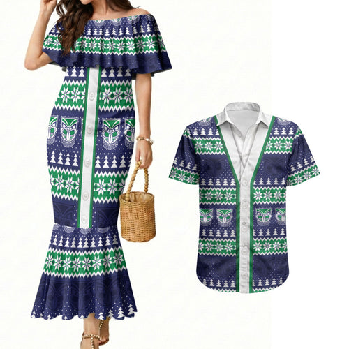 New Zealand Warriors Rugby Christmas Couples Matching Mermaid Dress and Hawaiian Shirt Seamless Cardigan Inspired
