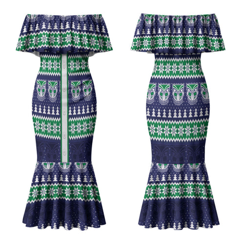 New Zealand Warriors Rugby Christmas Couples Matching Mermaid Dress and Hawaiian Shirt Seamless Cardigan Inspired
