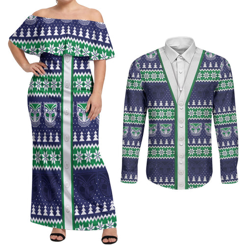 New Zealand Warriors Rugby Christmas Couples Matching Off Shoulder Maxi Dress and Long Sleeve Button Shirt Seamless Cardigan Inspired