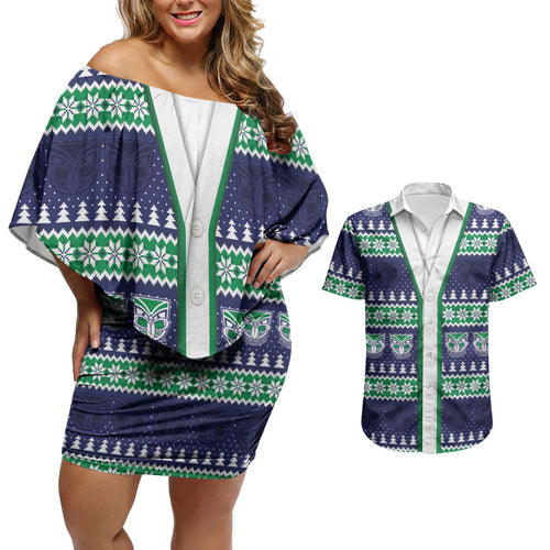 New Zealand Warriors Rugby Christmas Couples Matching Off Shoulder Short Dress and Hawaiian Shirt Seamless Cardigan Inspired
