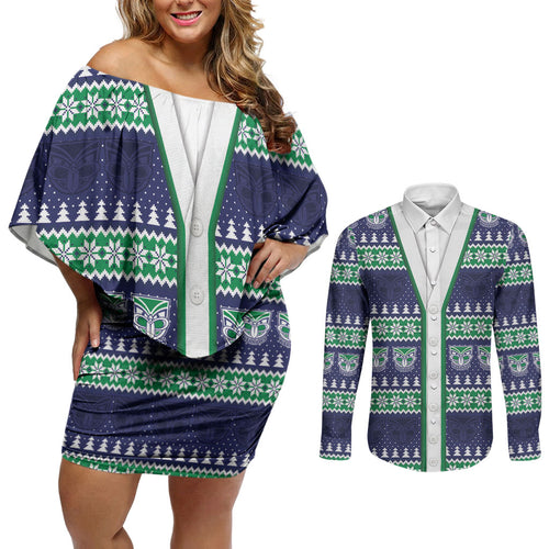 New Zealand Warriors Rugby Christmas Couples Matching Off Shoulder Short Dress and Long Sleeve Button Shirt Seamless Cardigan Inspired