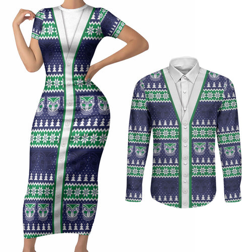 New Zealand Warriors Rugby Christmas Couples Matching Short Sleeve Bodycon Dress and Long Sleeve Button Shirt Seamless Cardigan Inspired
