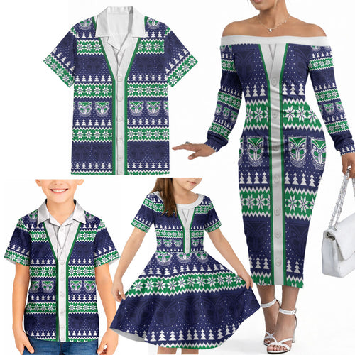 New Zealand Warriors Rugby Christmas Family Matching Off The Shoulder Long Sleeve Dress and Hawaiian Shirt Seamless Cardigan Inspired