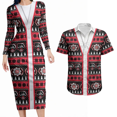 Perth Bears Rugby Christmas Couples Matching Long Sleeve Bodycon Dress and Hawaiian Shirt Aboriginal Seamless Cardigan Inspired