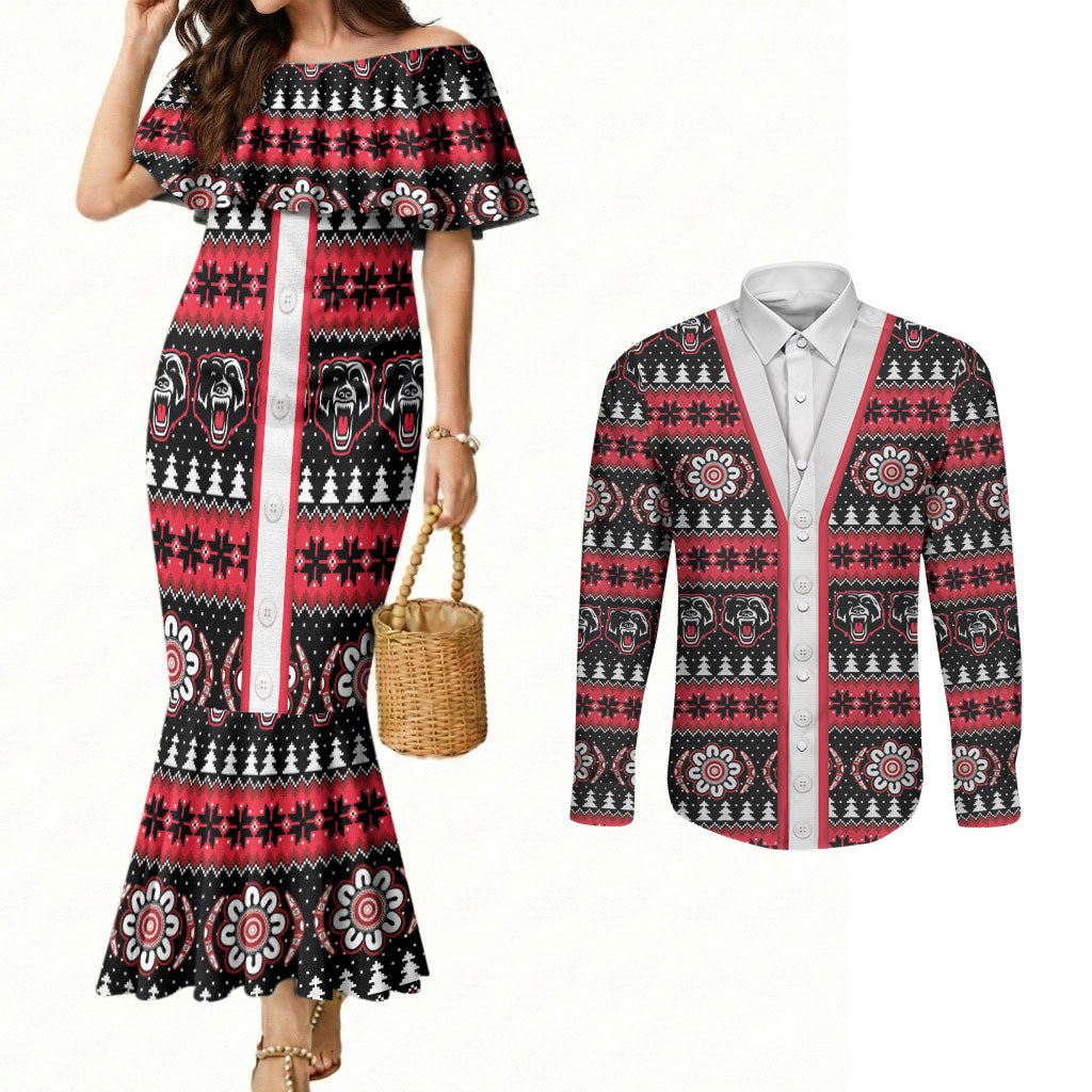 Perth Bears Rugby Christmas Couples Matching Mermaid Dress and Long Sleeve Button Shirt Aboriginal Seamless Cardigan Inspired