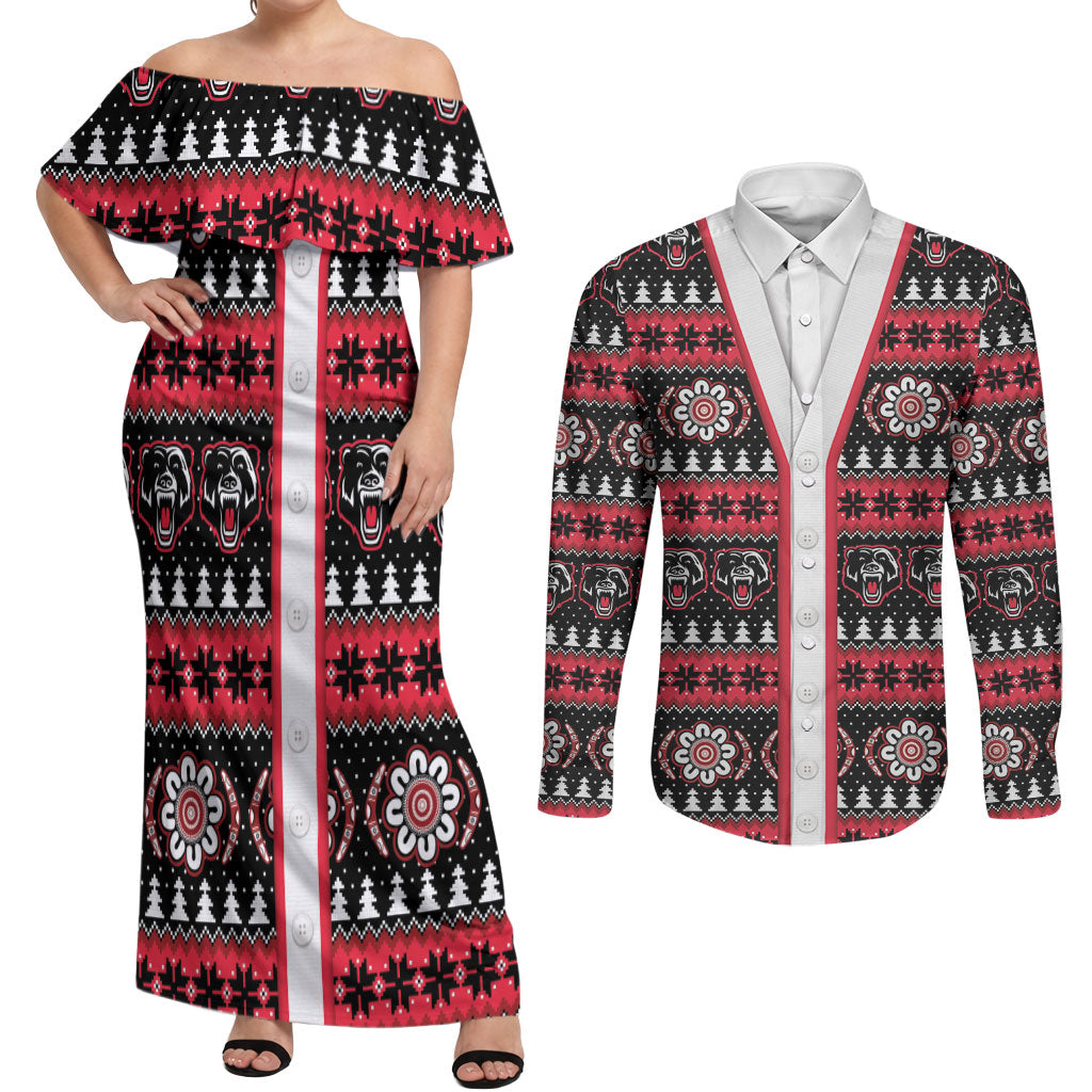 Perth Bears Rugby Christmas Couples Matching Off Shoulder Maxi Dress and Long Sleeve Button Shirt Aboriginal Seamless Cardigan Inspired