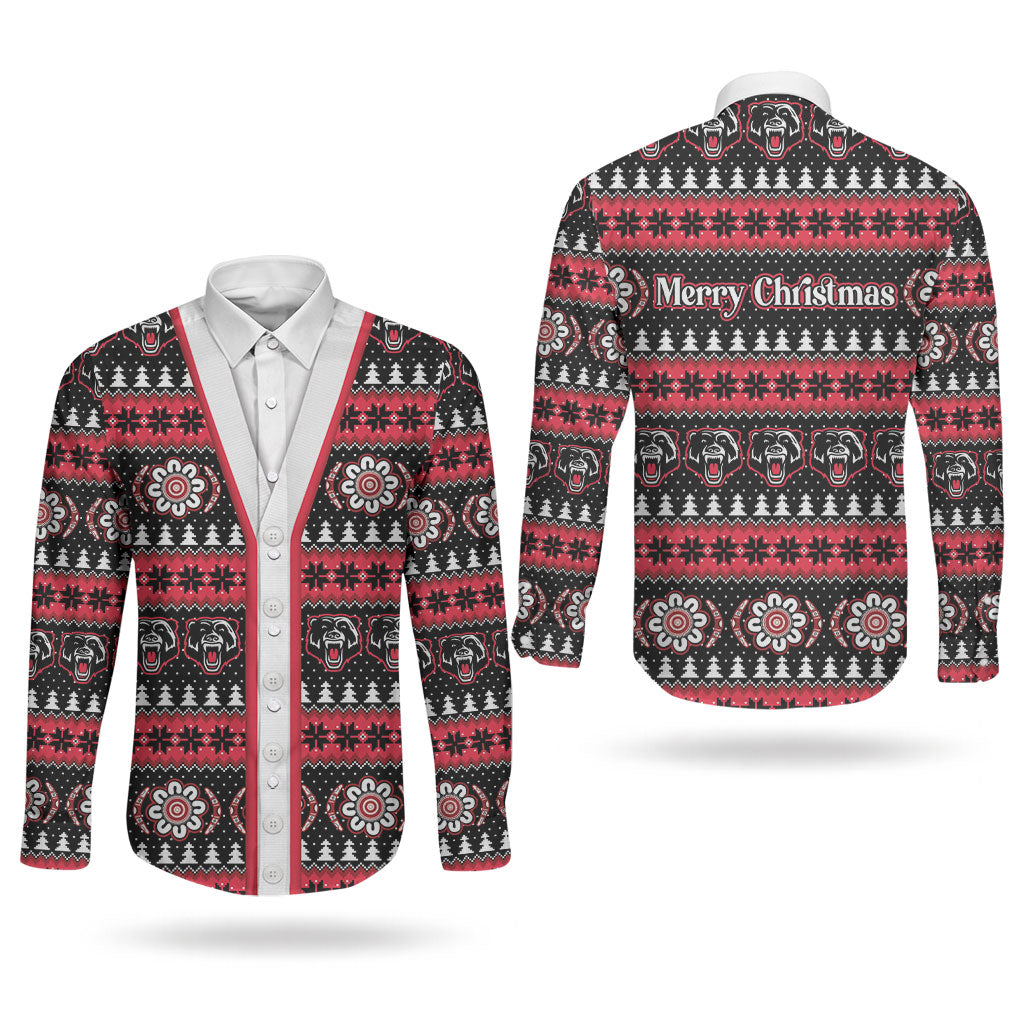 Perth Bears Rugby Christmas Couples Matching Off Shoulder Maxi Dress and Long Sleeve Button Shirt Aboriginal Seamless Cardigan Inspired
