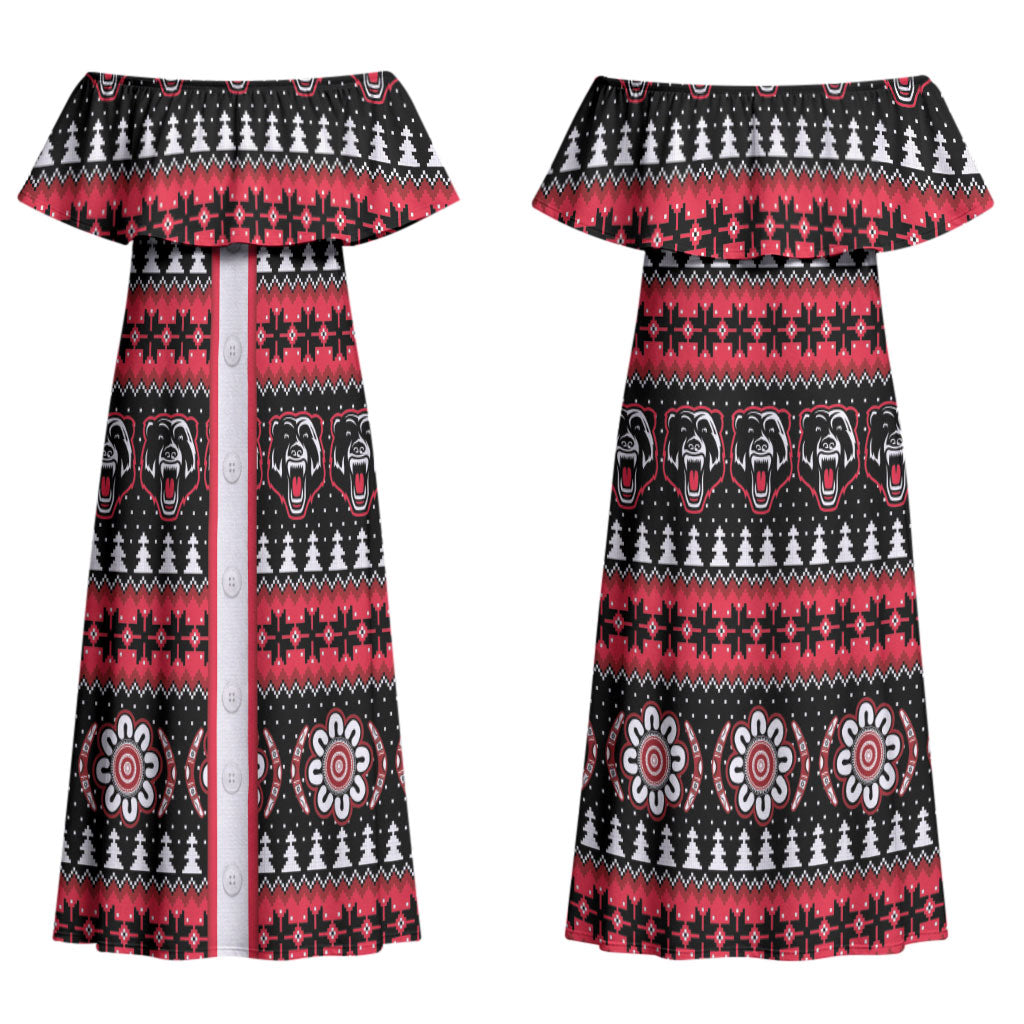 Perth Bears Rugby Christmas Couples Matching Off Shoulder Maxi Dress and Long Sleeve Button Shirt Aboriginal Seamless Cardigan Inspired