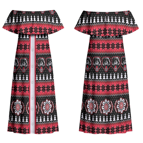 Perth Bears Rugby Christmas Couples Matching Off Shoulder Maxi Dress and Long Sleeve Button Shirt Aboriginal Seamless Cardigan Inspired