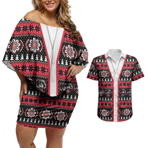 Perth Bears Rugby Christmas Couples Matching Off Shoulder Short Dress and Hawaiian Shirt Aboriginal Seamless Cardigan Inspired