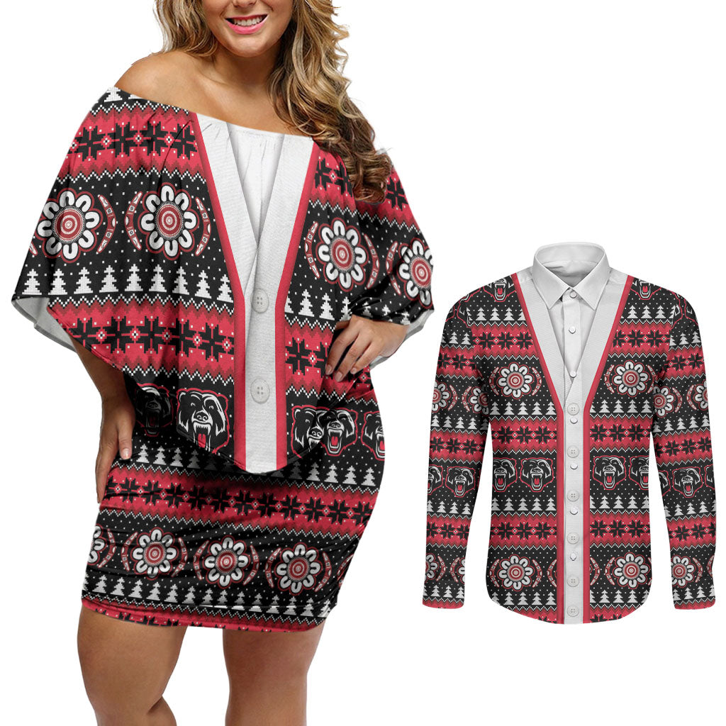 Perth Bears Rugby Christmas Couples Matching Off Shoulder Short Dress and Long Sleeve Button Shirt Aboriginal Seamless Cardigan Inspired