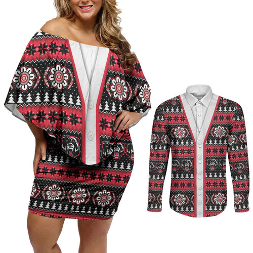 Perth Bears Rugby Christmas Couples Matching Off Shoulder Short Dress and Long Sleeve Button Shirt Aboriginal Seamless Cardigan Inspired