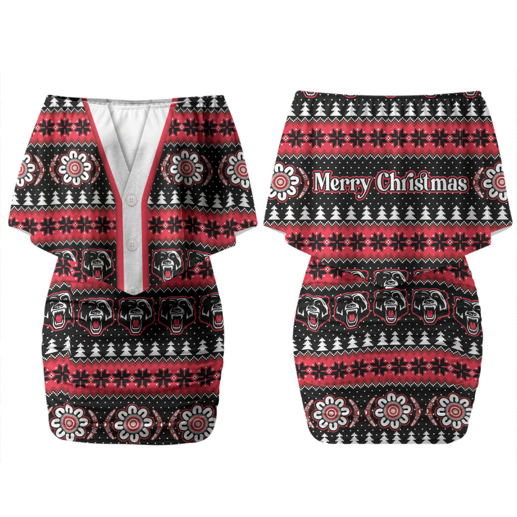 Perth Bears Rugby Christmas Couples Matching Off Shoulder Short Dress and Long Sleeve Button Shirt Aboriginal Seamless Cardigan Inspired