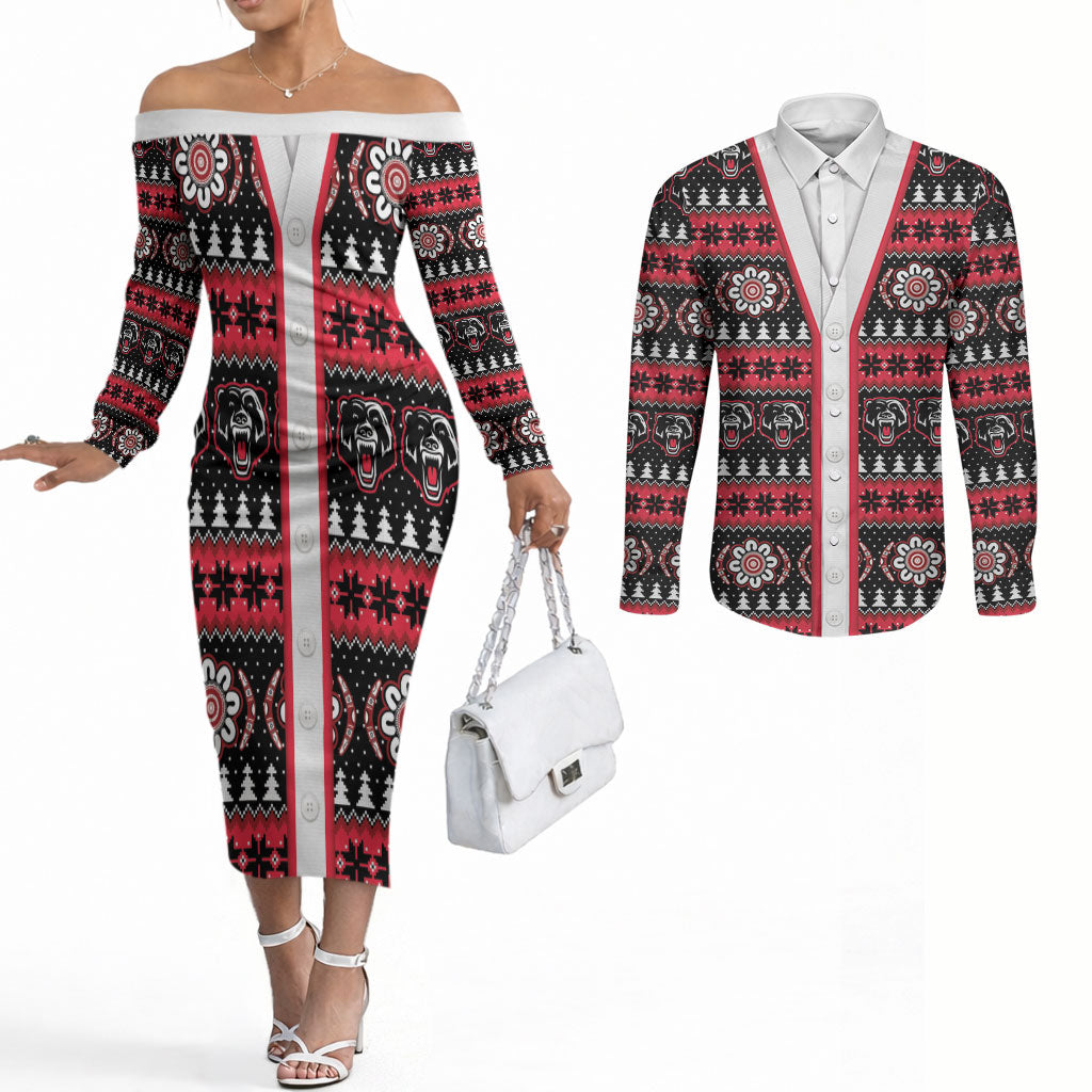 Perth Bears Rugby Christmas Couples Matching Off The Shoulder Long Sleeve Dress and Long Sleeve Button Shirt Aboriginal Seamless Cardigan Inspired