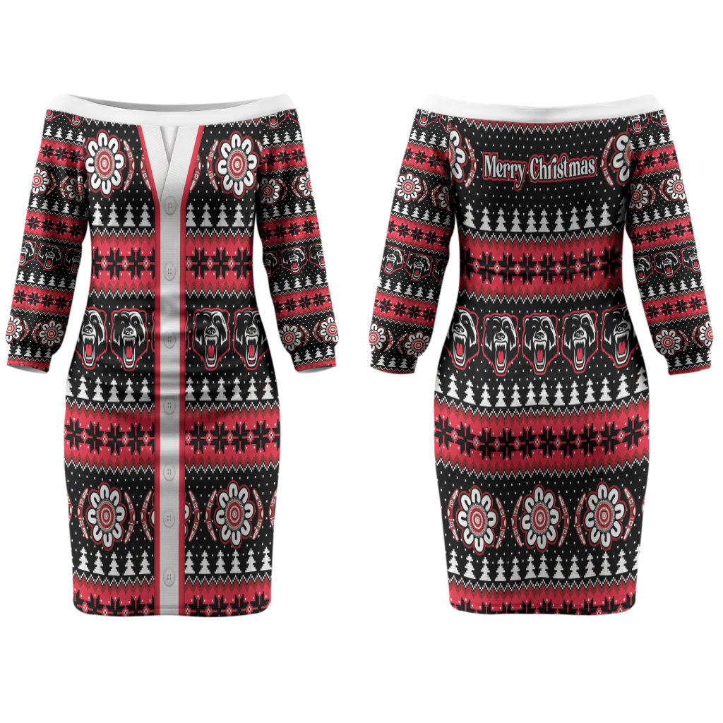 Perth Bears Rugby Christmas Couples Matching Off The Shoulder Long Sleeve Dress and Long Sleeve Button Shirt Aboriginal Seamless Cardigan Inspired