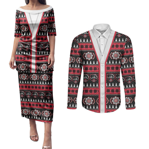 Perth Bears Rugby Christmas Couples Matching Puletasi and Long Sleeve Button Shirt Aboriginal Seamless Cardigan Inspired