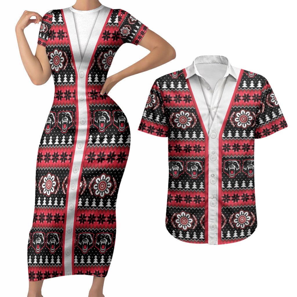 Perth Bears Rugby Christmas Couples Matching Short Sleeve Bodycon Dress and Hawaiian Shirt Aboriginal Seamless Cardigan Inspired