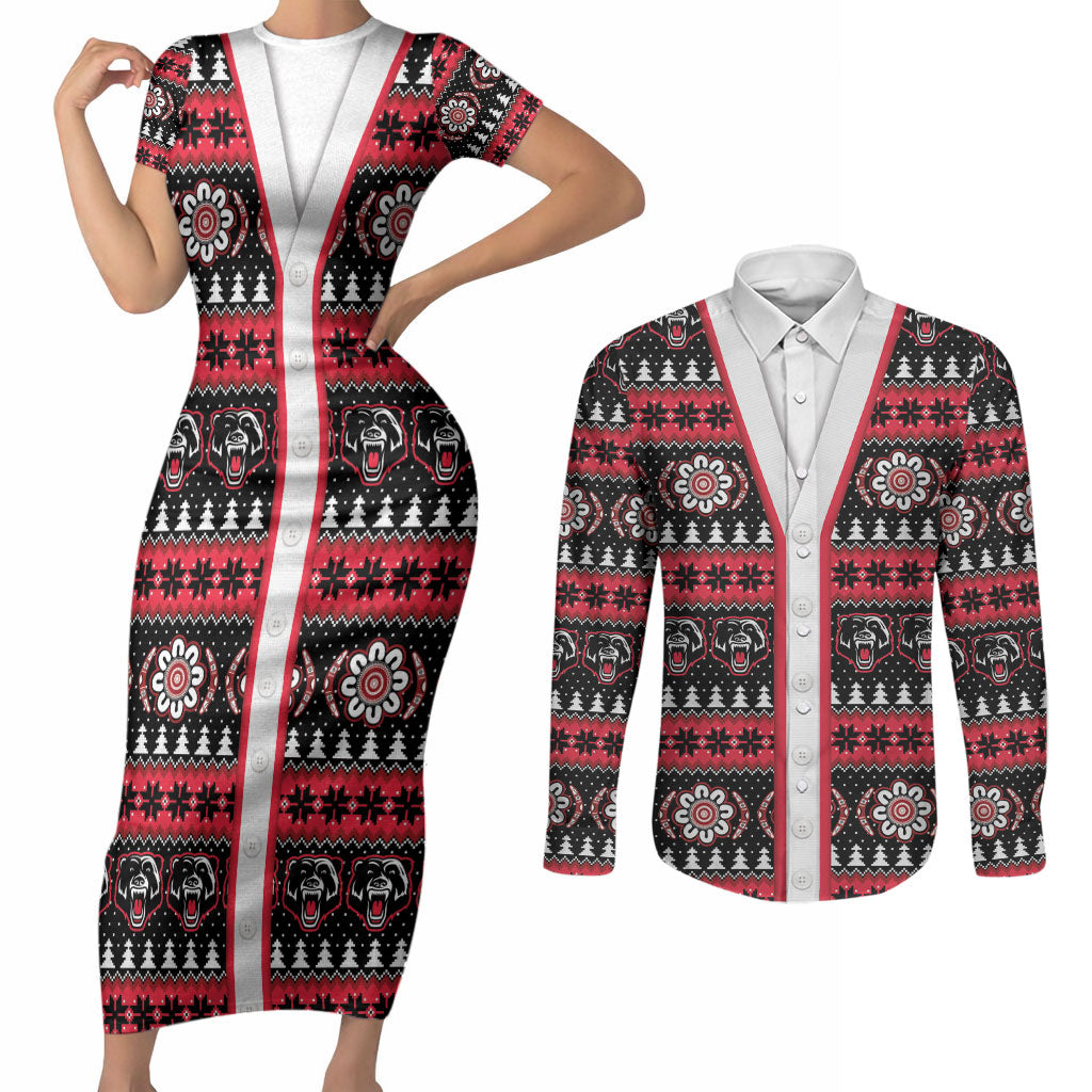 Perth Bears Rugby Christmas Couples Matching Short Sleeve Bodycon Dress and Long Sleeve Button Shirt Aboriginal Seamless Cardigan Inspired