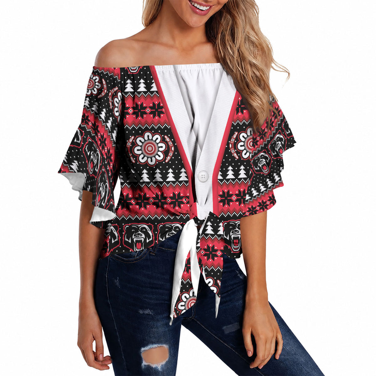 Perth Bears Rugby Christmas Off Shoulder Wrap Waist Top Aboriginal Seamless Cardigan Inspired