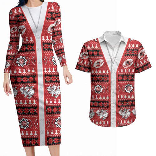 Dragons Rugby Christmas Couples Matching Long Sleeve Bodycon Dress and Hawaiian Shirt Aboriginal Seamless Cardigan Inspired