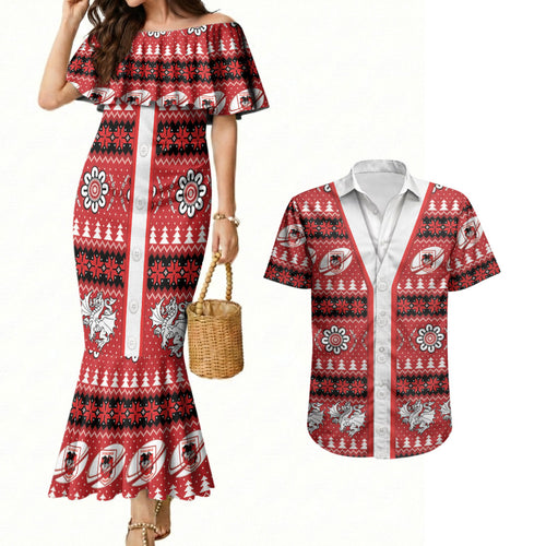 Dragons Rugby Christmas Couples Matching Mermaid Dress and Hawaiian Shirt Aboriginal Seamless Cardigan Inspired