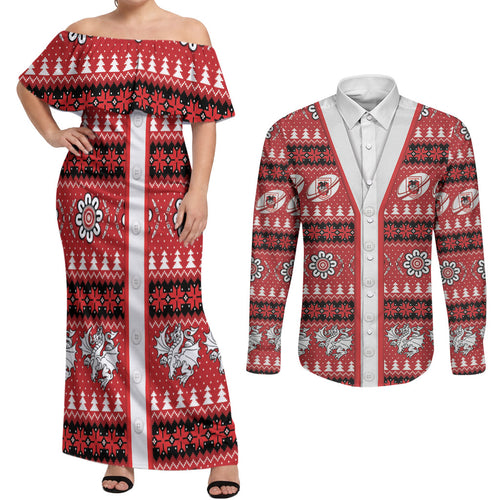 Dragons Rugby Christmas Couples Matching Off Shoulder Maxi Dress and Long Sleeve Button Shirt Aboriginal Seamless Cardigan Inspired