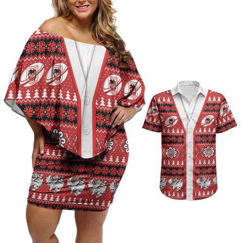 Dragons Rugby Christmas Couples Matching Off Shoulder Short Dress and Hawaiian Shirt Aboriginal Seamless Cardigan Inspired