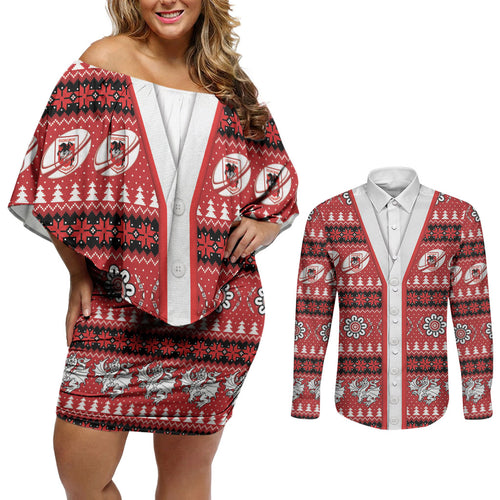Dragons Rugby Christmas Couples Matching Off Shoulder Short Dress and Long Sleeve Button Shirt Aboriginal Seamless Cardigan Inspired