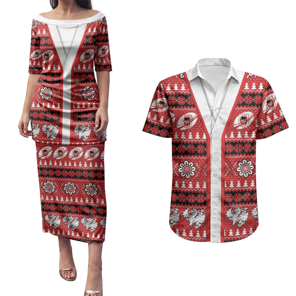 Dragons Rugby Christmas Couples Matching Puletasi and Hawaiian Shirt Aboriginal Seamless Cardigan Inspired