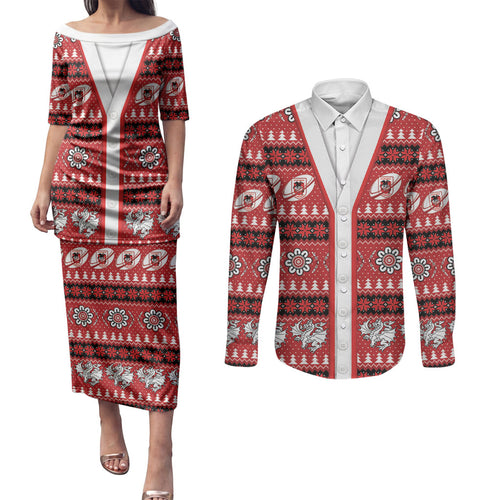 Dragons Rugby Christmas Couples Matching Puletasi and Long Sleeve Button Shirt Aboriginal Seamless Cardigan Inspired