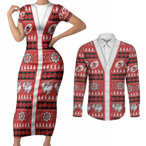 Dragons Rugby Christmas Couples Matching Short Sleeve Bodycon Dress and Long Sleeve Button Shirt Aboriginal Seamless Cardigan Inspired