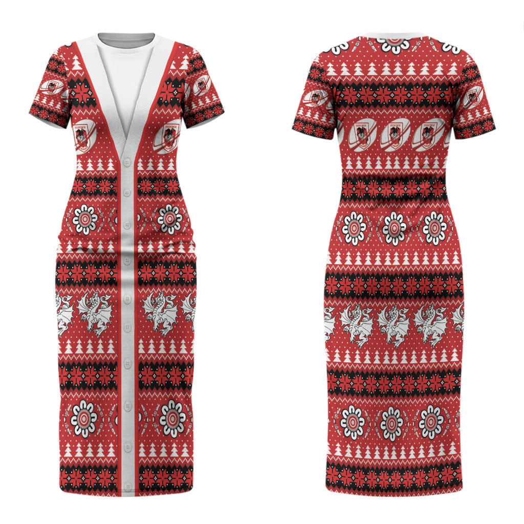Dragons Rugby Christmas Couples Matching Short Sleeve Bodycon Dress and Long Sleeve Button Shirt Aboriginal Seamless Cardigan Inspired