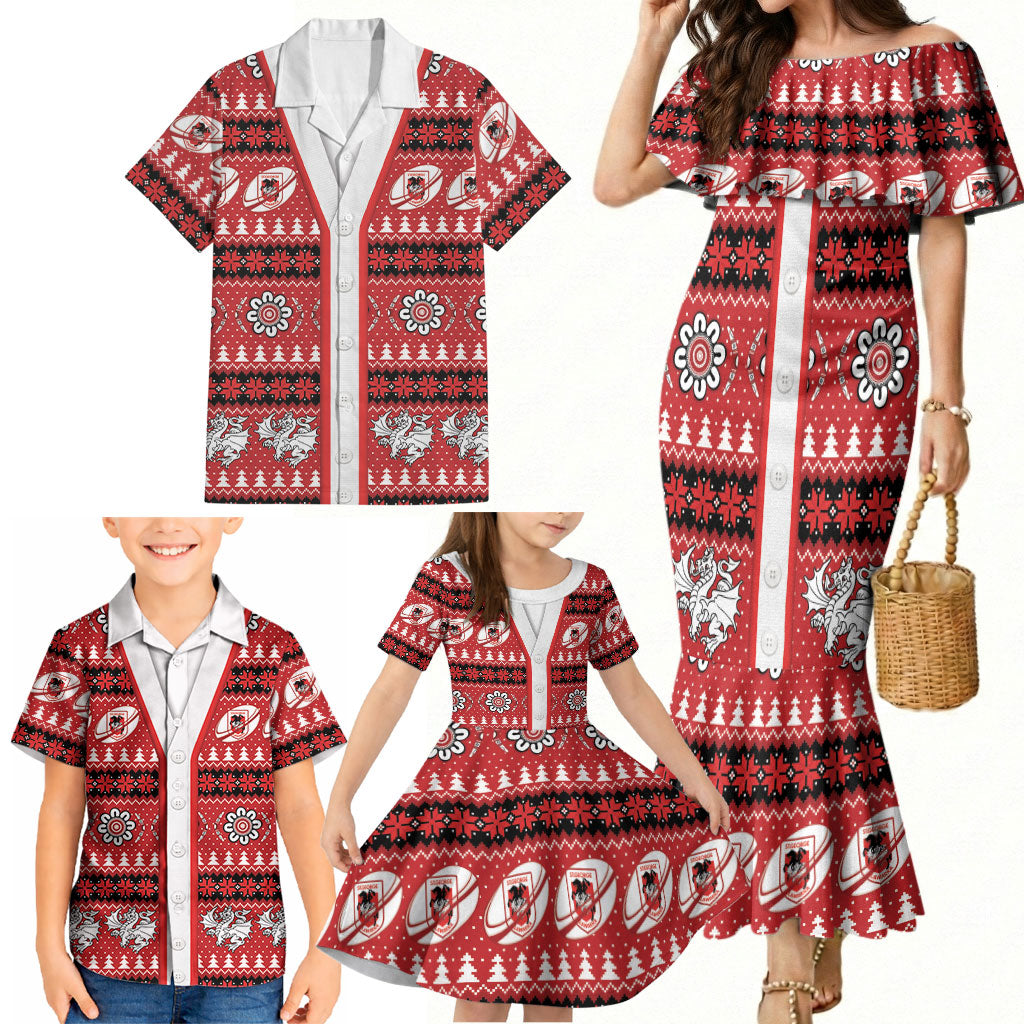 Dragons Rugby Christmas Family Matching Mermaid Dress and Hawaiian Shirt Aboriginal Seamless Cardigan Inspired