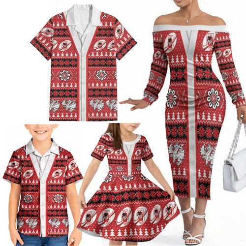 Dragons Rugby Christmas Family Matching Off The Shoulder Long Sleeve Dress and Hawaiian Shirt Aboriginal Seamless Cardigan Inspired