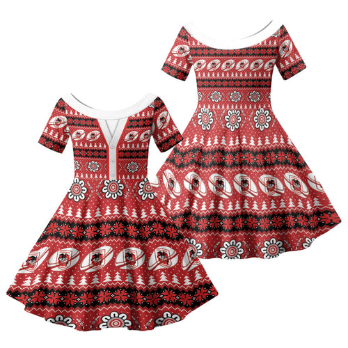 Dragons Rugby Christmas Family Matching Off The Shoulder Long Sleeve Dress and Hawaiian Shirt Aboriginal Seamless Cardigan Inspired