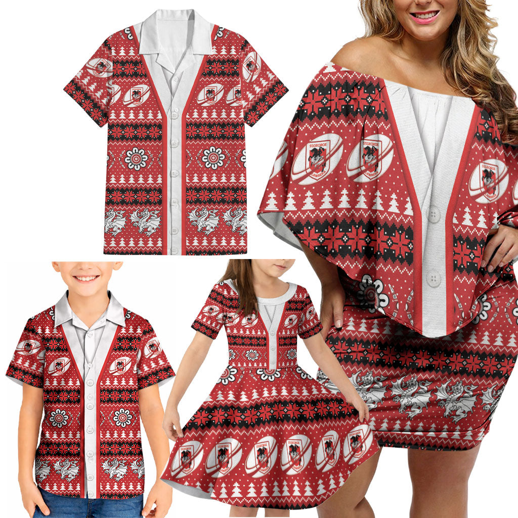 Dragons Rugby Christmas Family Matching Off Shoulder Short Dress and Hawaiian Shirt Aboriginal Seamless Cardigan Inspired
