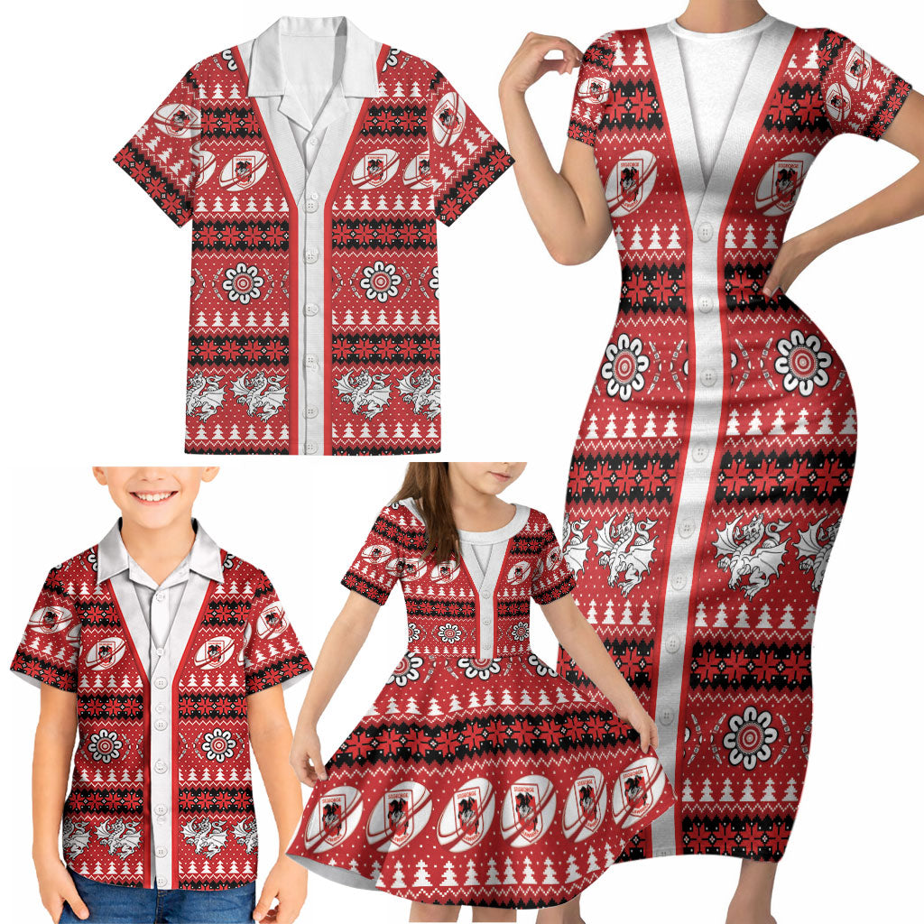 Dragons Rugby Christmas Family Matching Short Sleeve Bodycon Dress and Hawaiian Shirt Aboriginal Seamless Cardigan Inspired