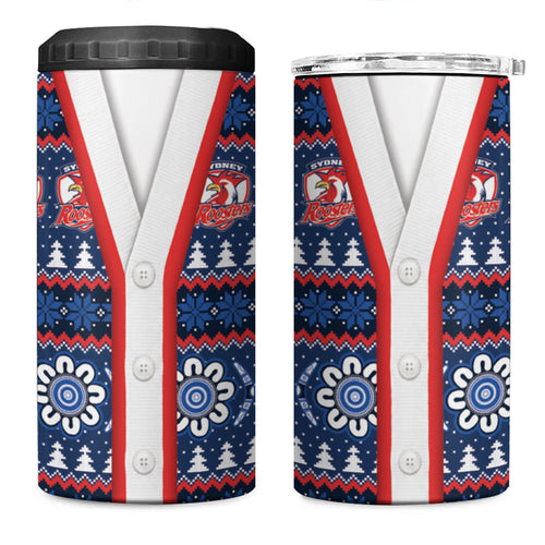 Roosters Rugby Christmas 4 in 1 Can Cooler Tumbler Aboriginal Seamless Cardigan Inspired