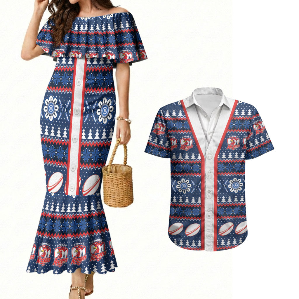 Roosters Rugby Christmas Couples Matching Mermaid Dress and Hawaiian Shirt Aboriginal Seamless Cardigan Inspired
