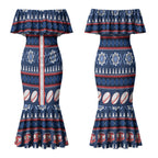 Roosters Rugby Christmas Couples Matching Mermaid Dress and Hawaiian Shirt Aboriginal Seamless Cardigan Inspired