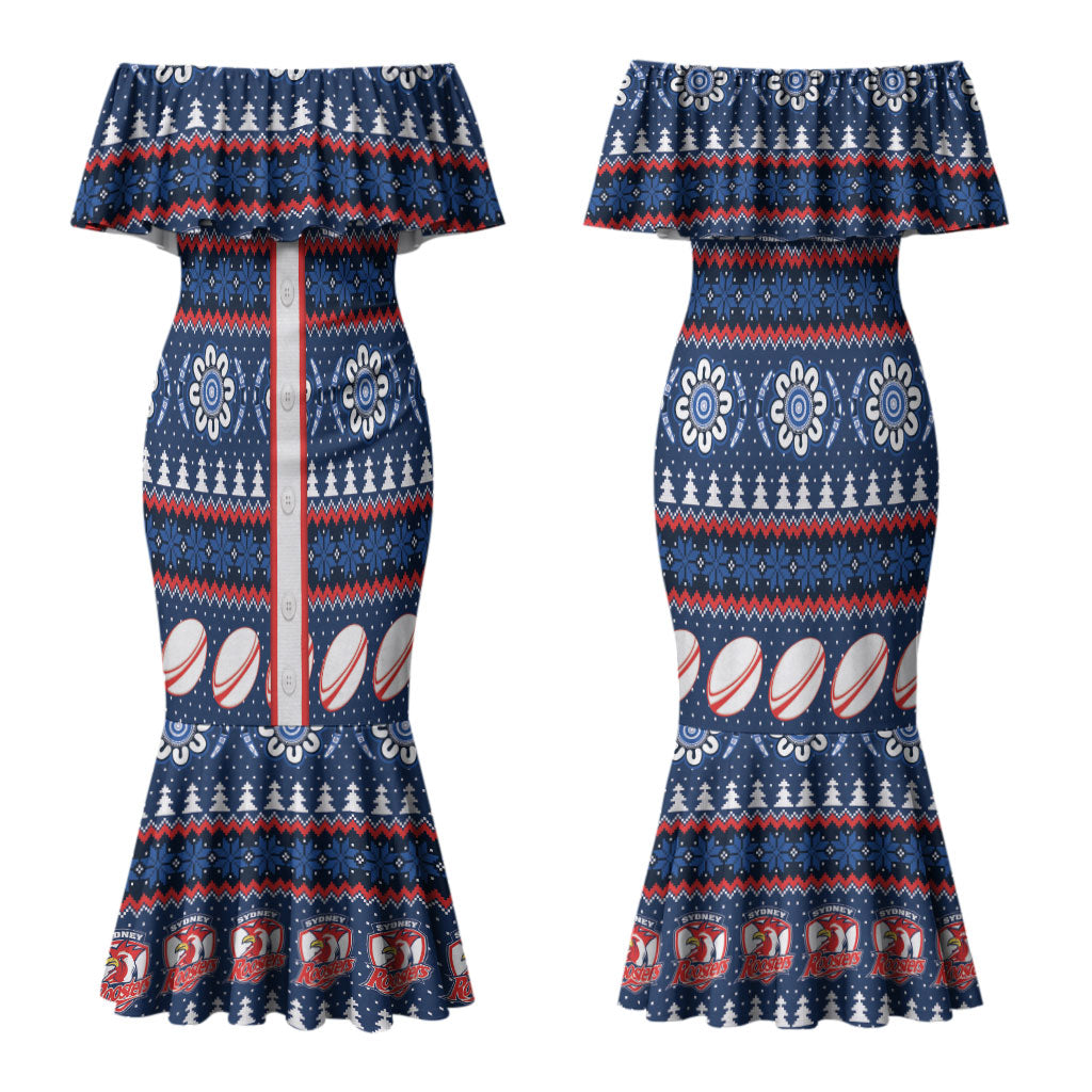 Roosters Rugby Christmas Couples Matching Mermaid Dress and Hawaiian Shirt Aboriginal Seamless Cardigan Inspired