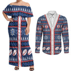 Roosters Rugby Christmas Couples Matching Off Shoulder Maxi Dress and Long Sleeve Button Shirt Aboriginal Seamless Cardigan Inspired