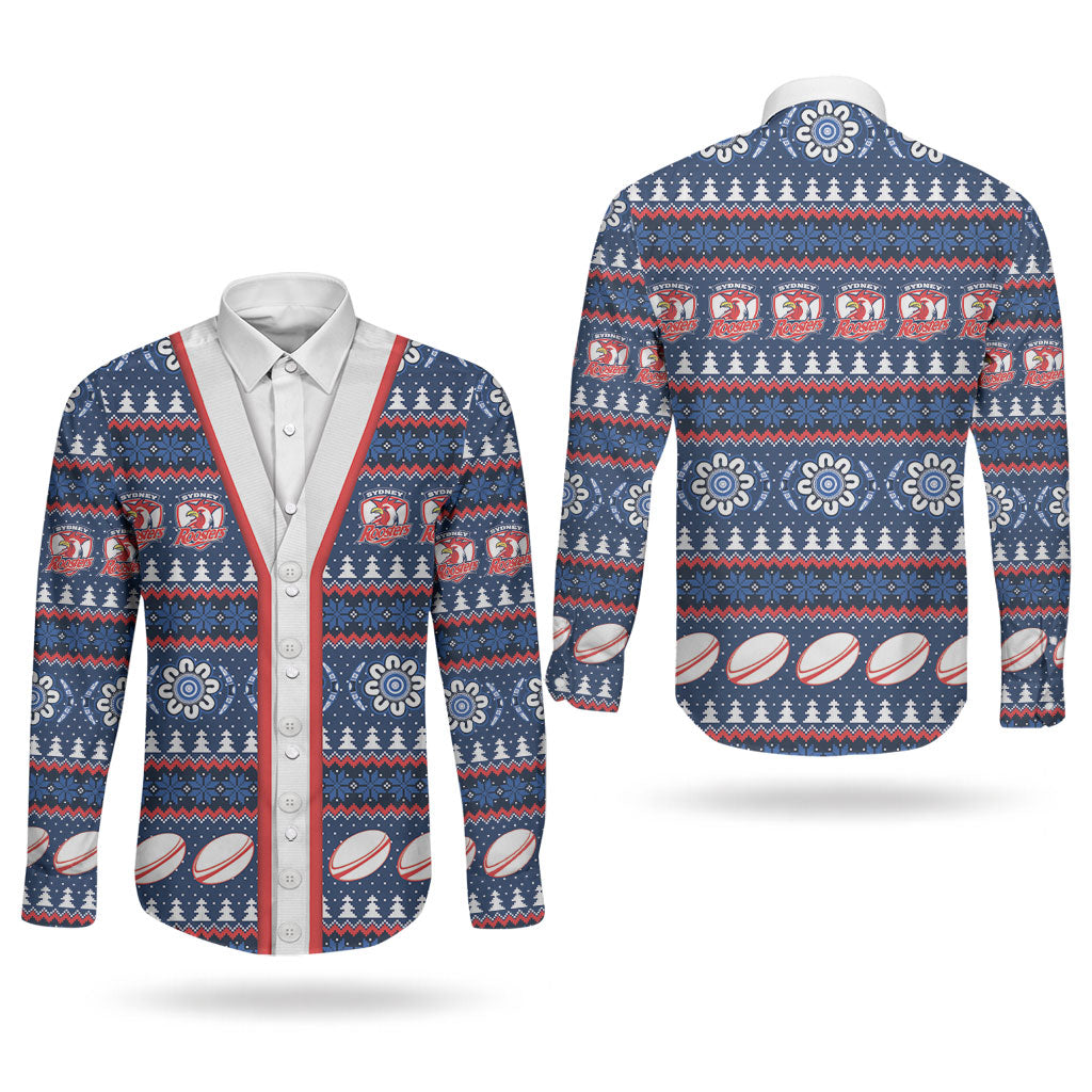 Roosters Rugby Christmas Couples Matching Off Shoulder Maxi Dress and Long Sleeve Button Shirt Aboriginal Seamless Cardigan Inspired