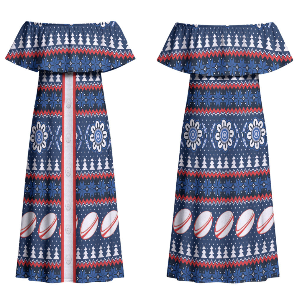 Roosters Rugby Christmas Couples Matching Off Shoulder Maxi Dress and Long Sleeve Button Shirt Aboriginal Seamless Cardigan Inspired
