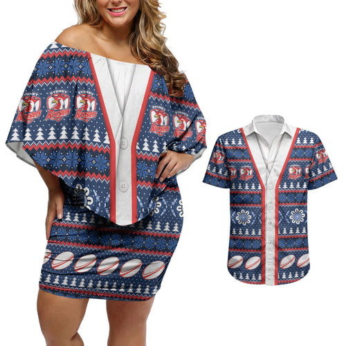 Roosters Rugby Christmas Couples Matching Off Shoulder Short Dress and Hawaiian Shirt Aboriginal Seamless Cardigan Inspired