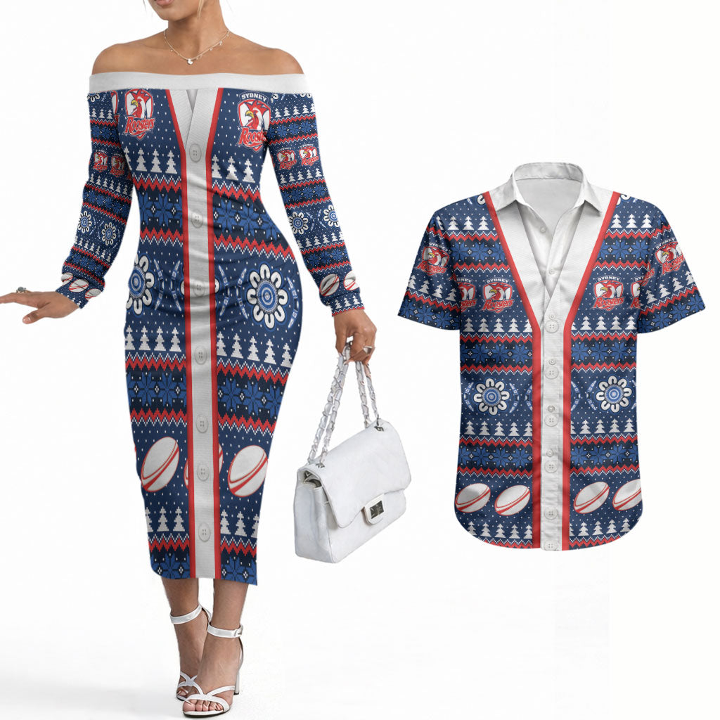 Roosters Rugby Christmas Couples Matching Off The Shoulder Long Sleeve Dress and Hawaiian Shirt Aboriginal Seamless Cardigan Inspired