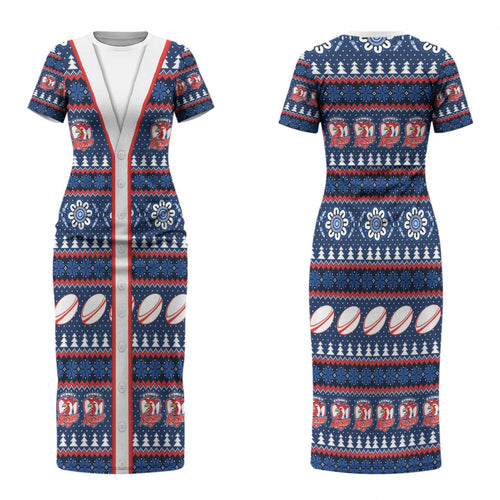 Roosters Rugby Christmas Couples Matching Short Sleeve Bodycon Dress and Long Sleeve Button Shirt Aboriginal Seamless Cardigan Inspired