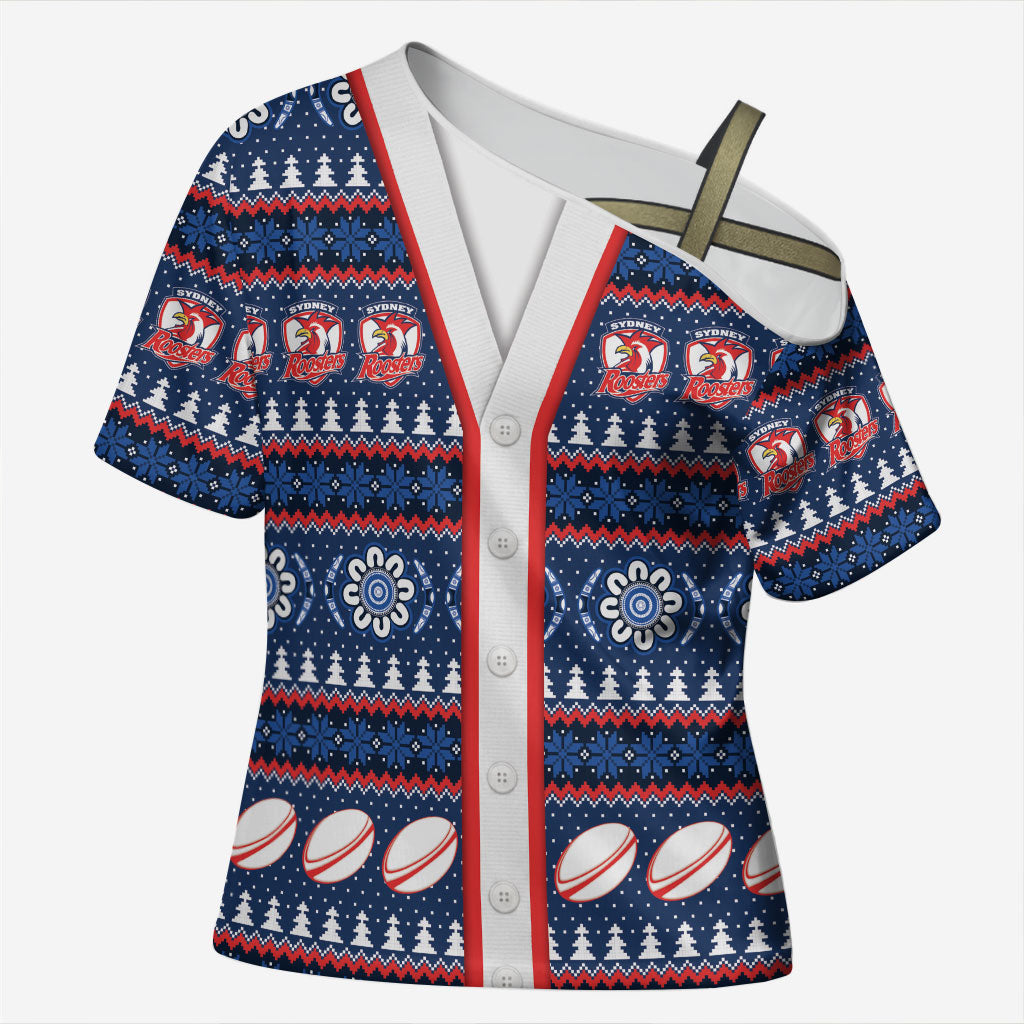 Roosters Rugby Christmas Cross Shoulder Shirt Aboriginal Seamless Cardigan Inspired