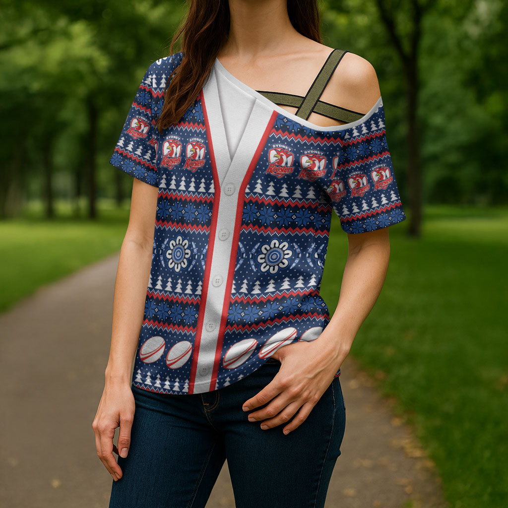 Roosters Rugby Christmas Cross Shoulder Shirt Aboriginal Seamless Cardigan Inspired